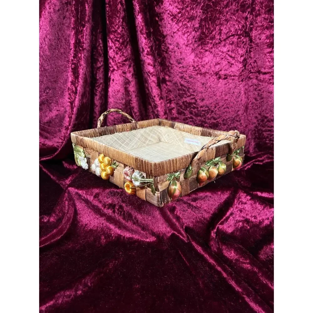 Vintage Raffia Serving Casserole Basket - Handwoven Fruit Basket Centerpiece